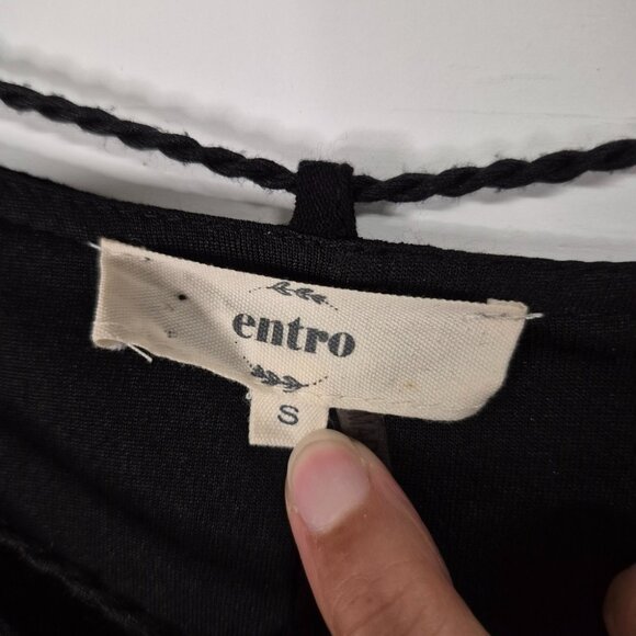 Entro Black Boho Tunic Dress With Embroidered Floral Sleeves Tassel Tie Neckline - Picture 7 of 8